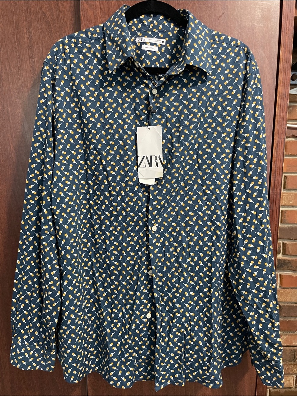 Zara Men's Dark Blue Button-Down Shirt with Yellow Print